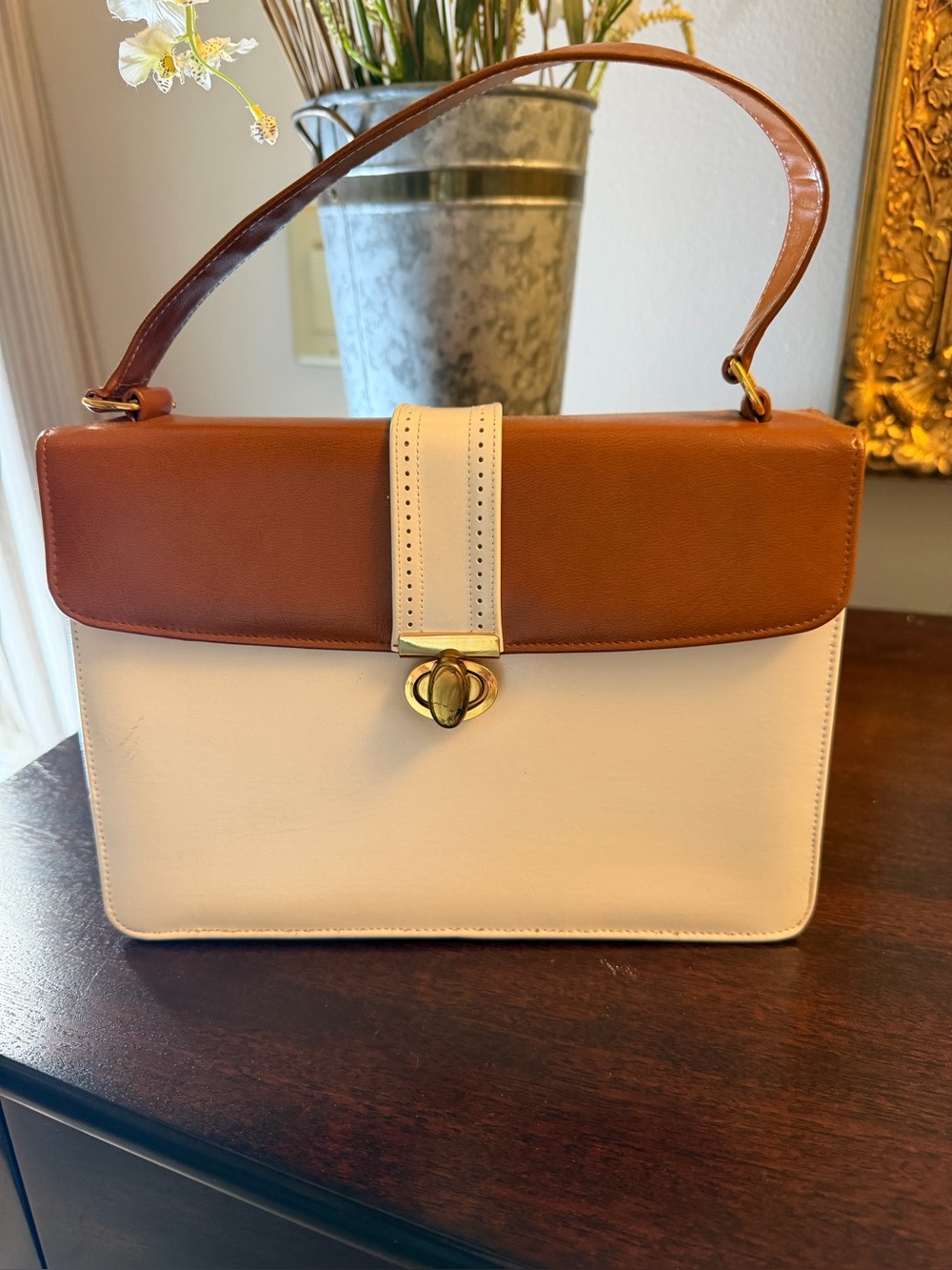 Life Stride Color Block Vintage Spectator Purse Mid Century Tan & Cream